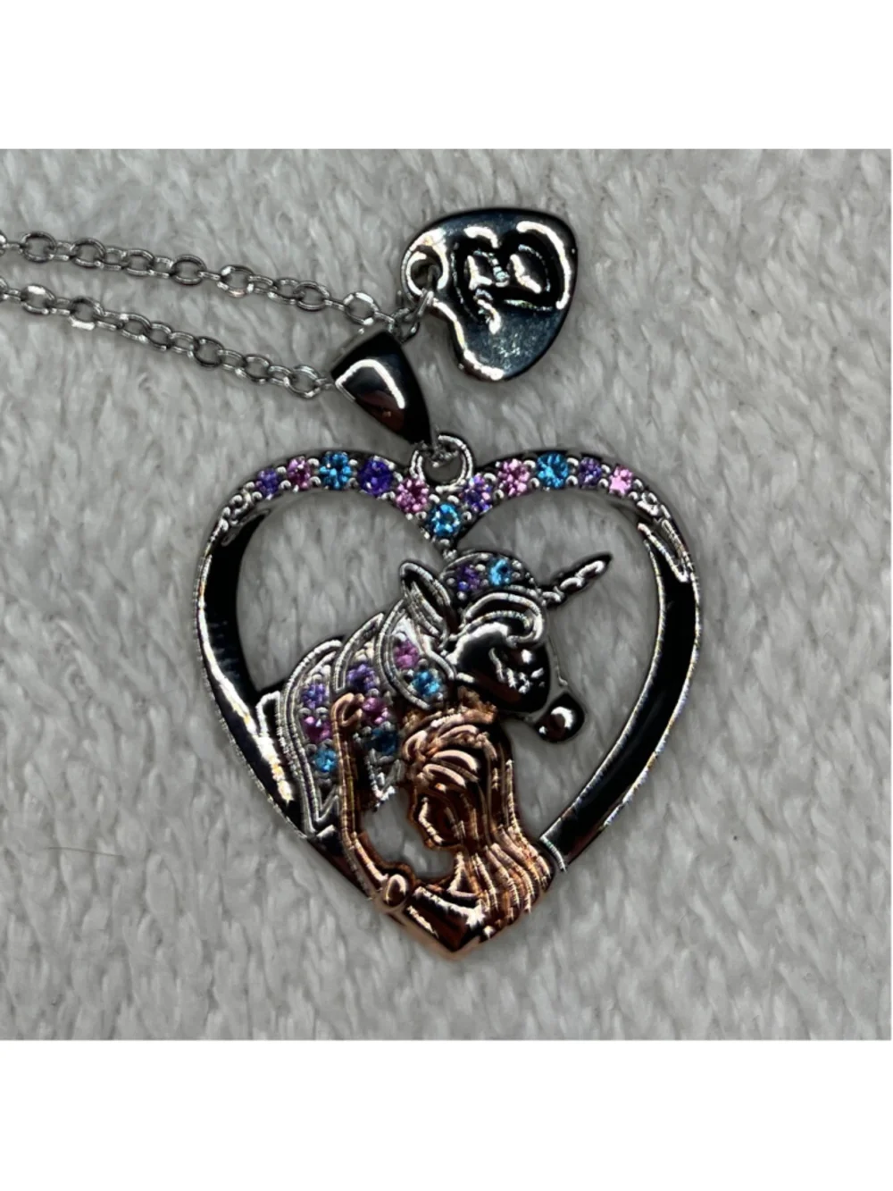 Silver Unicorn Heart Necklace 11” chain B initial